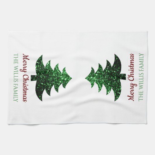 キラキラ輝くクリスマスの木の緑の家族の名前 キッチンタオル (横)