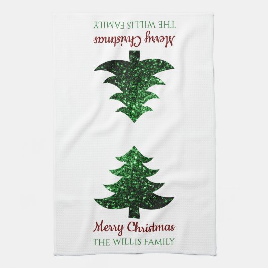 キラキラ輝くクリスマスの木の緑の家族の名前 キッチンタオル (縦)