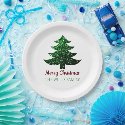 キラキラ輝くクリスマスの木の緑の家族の名前 ペーパープレート (パーティー)