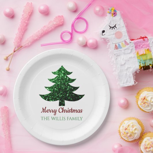 キラキラ輝くクリスマスの木の緑の家族の名前 ペーパープレート (パーティー)
