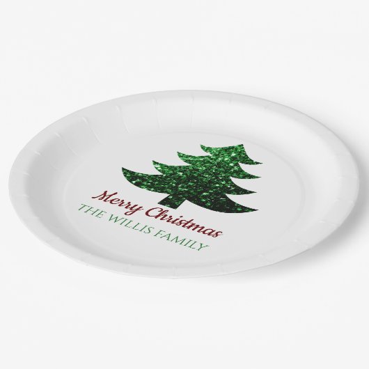 キラキラ輝くクリスマスの木の緑の家族の名前 ペーパープレート (アングル)