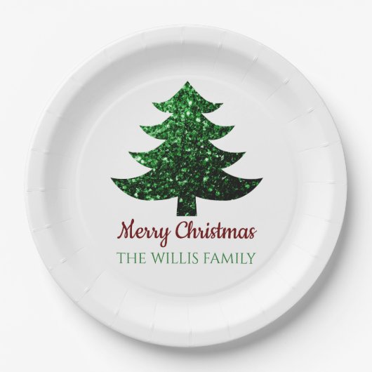 キラキラ輝くクリスマスの木の緑の家族の名前 ペーパープレート (正面)