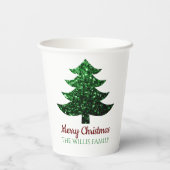 キラキラ輝くクリスマスの木の緑の家族の名前 紙コップ (裏面)
