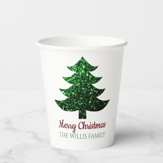 キラキラ輝くクリスマスの木の緑の家族の名前 紙コップ (裏面)