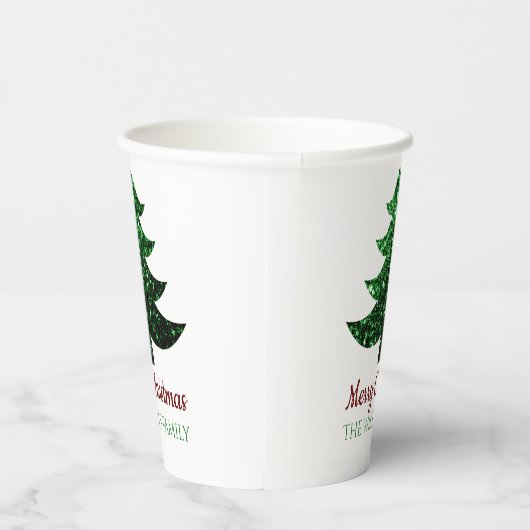キラキラ輝くクリスマスの木の緑の家族の名前 紙コップ (右)