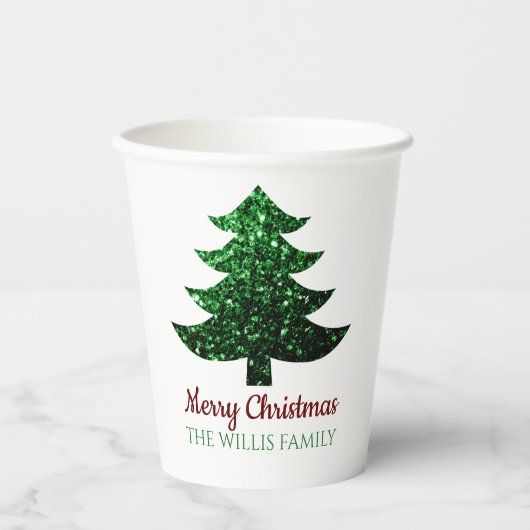 キラキラ輝くクリスマスの木の緑の家族の名前 紙コップ (正面)