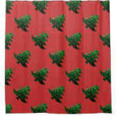 キラキラ輝くクリスマスツリーの緑のキラキラ模様が赤 シャワーカーテン (正面)