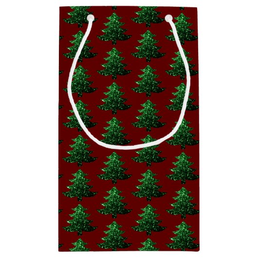 キラキラ輝くクリスマスツリー緑の濃い赤のパターン スモールペーパーバッグ (裏面)