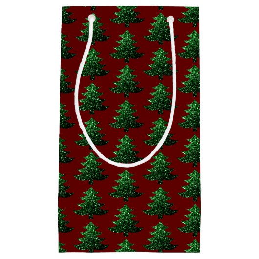 キラキラ輝くクリスマスツリー緑の濃い赤のパターン スモールペーパーバッグ (正面)