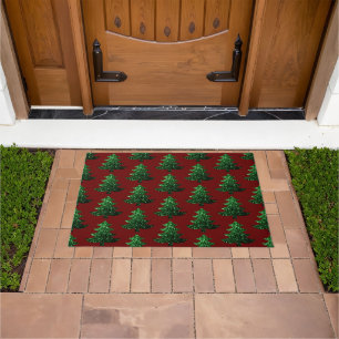 キラキラ輝くクリスマスツリー緑の濃い赤のパターン ドアマット