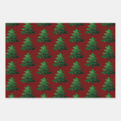 キラキラ輝くクリスマスツリー緑の濃い赤のパターン ラッピングペーパーシート (正面)