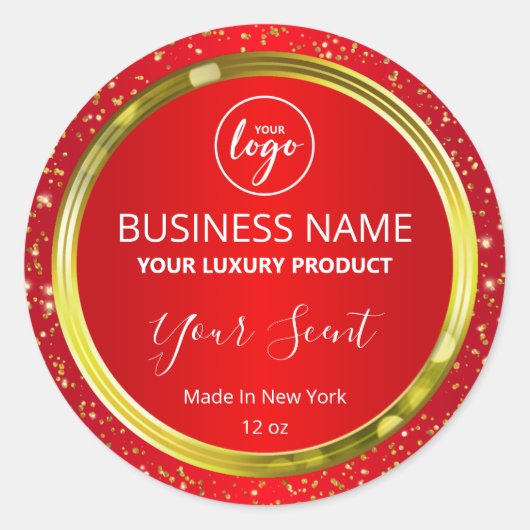 キラキラ輝くクリスマスレッドと金ゴールド製品ラベル ラウンドシール (正面)