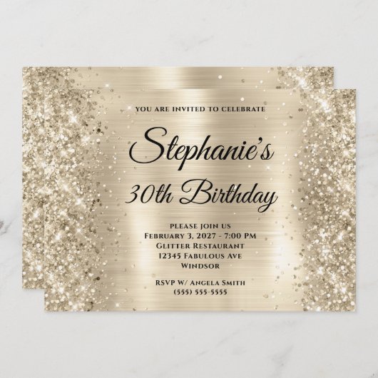 キラキラ輝くシャンパンゴールドフォイル30th誕生日 招待状 (正面/裏面)
