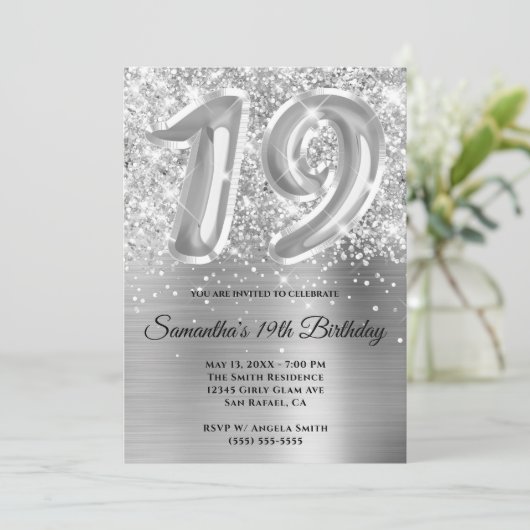 キラキラ輝くシルバーグラム19誕生日 招待状 (スタンド正面)