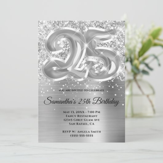 キラキラ輝くシルバーグラム25誕生日 招待状 (スタンド正面)