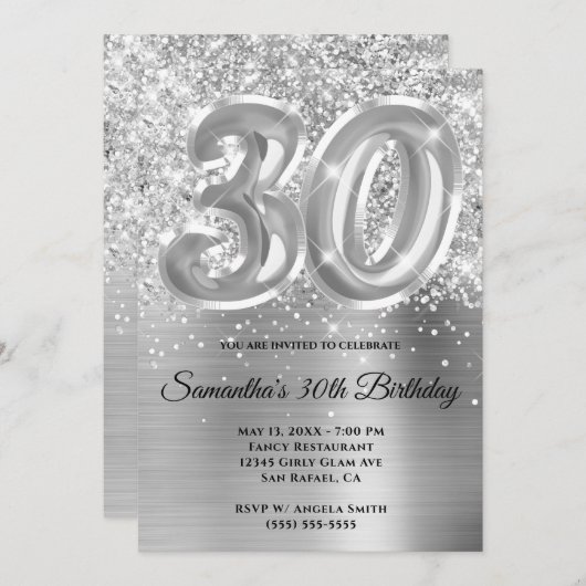 キラキラ輝くシルバーグラム30歳の誕生日 招待状 (正面/裏面)