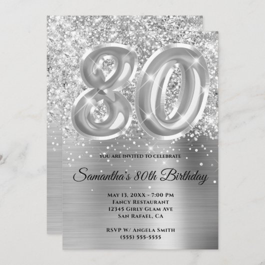 キラキラ輝くシルバーグラム80誕生日 招待状 (正面/裏面)