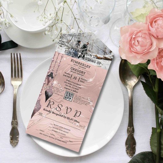 キラキラ輝くシルバーピンクのクリスマスフォトQRコード オールインワン招待状