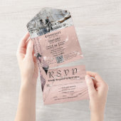 キラキラ輝くシルバーピンクのクリスマスフォトQRコード オールインワン招待状 (貼ってはがせる)