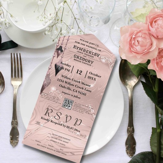 キラキラ輝くシルバーピンククリスマスQRコード オールインワン招待状