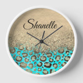 キラキラ輝くターコイズヒョウパーソナライズされた 壁時計 (正面)