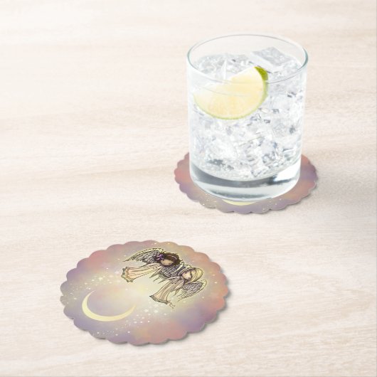 キラキラ輝くナイトアートの二人の小さな天使 ペーパーコースター (インサイチュ)