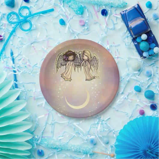 キラキラ輝くナイトアートの二人の小さな天使 ペーパープレート (パーティー)