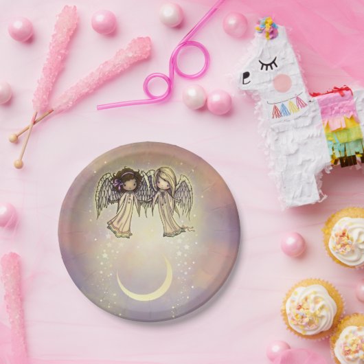 キラキラ輝くナイトアートの二人の小さな天使 ペーパープレート (パーティー)