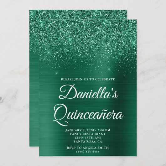 キラキラ輝くハンターグリーンフォイルキンセアニラ 招待状 (正面/裏面)