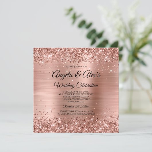 キラキラ輝くバラ金ゴールドグラデーションフォイルエレガントウェディング 招待状 (スタンド正面)