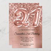 キラキラ輝くバラ金ゴールドグラーム21歳の誕生日 招待状 (正面/裏面)