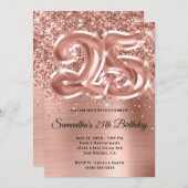 キラキラ輝くバラ金ゴールドグラーム25誕生日 招待状 (正面/裏面)