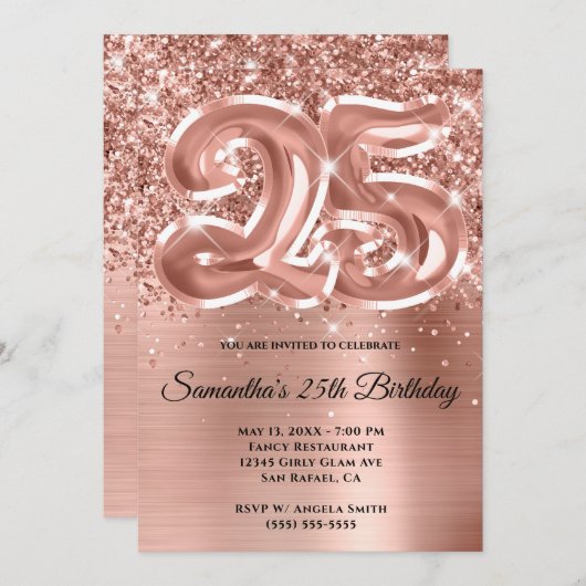 キラキラ輝くバラ金ゴールドグラーム25誕生日 招待状 (正面/裏面)