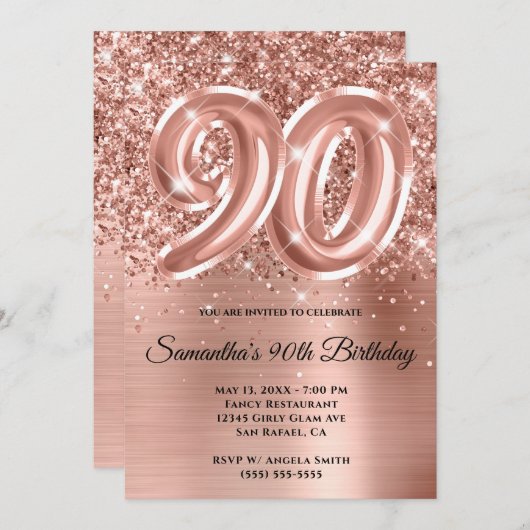 キラキラ輝くバラ金ゴールドグラーム90誕生日 招待状 (正面/裏面)