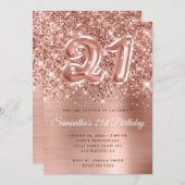 キラキラ輝くバラ金ゴールドバルーン21st誕生日 招待状 (正面/裏面)