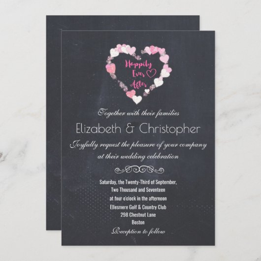 キラキラ輝くピンクのハートの後で幸せ結婚に 招待状 (正面/裏面)