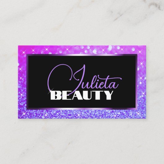 キラキラ輝くピンクパープルスパークルグリッターと写真 名刺 (正面)