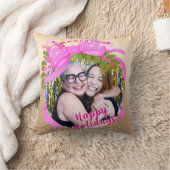 キラキラ輝くピンクリボンクリスマスフォト金ゴールド クッション (ブランケット)