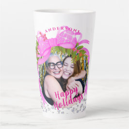 キラキラ輝くピンクリボンクリスマスフォト カフェラテマグ