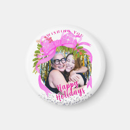 キラキラ輝くピンクリボンクリスマスホワイト マグネット