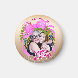 キラキラ輝くピンクリボンクリスマス金ゴールド マグネット