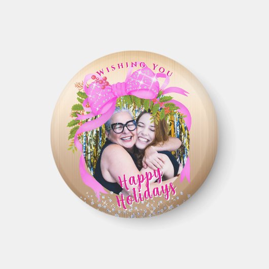 キラキラ輝くピンクリボンクリスマス金ゴールド マグネット (正面)