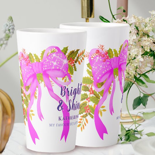 キラキラ輝くピンクリボンクリスマス カフェラテマグ