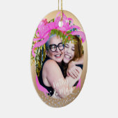 キラキラ輝くピンクリボンフォトクリスマス金ゴールド セラミックオーナメント (右)