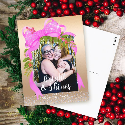 キラキラ輝くピンクリボンフォトクリスマス金ゴールド ポストカード