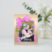 キラキラ輝くピンクリボンフォトクリスマス金ゴールド ポストカード (スタンド正面)