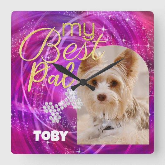 キラキラ輝くペット犬の写真マンジェンタ スクエア壁時計 (正面)