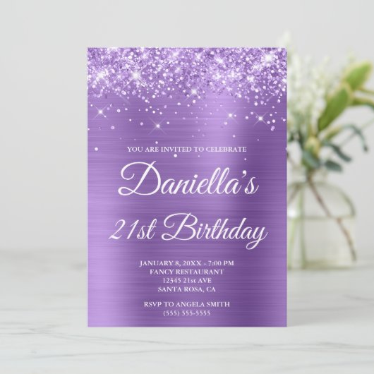 キラキラ輝くライトパープルフォイル21st誕生日 招待状 (スタンド正面)