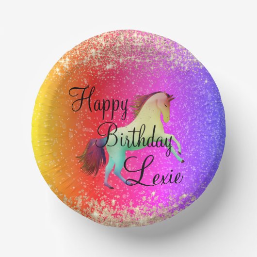 キラキラ輝くレインボーユニコーン誕生日 ペーパーボウル (正面)