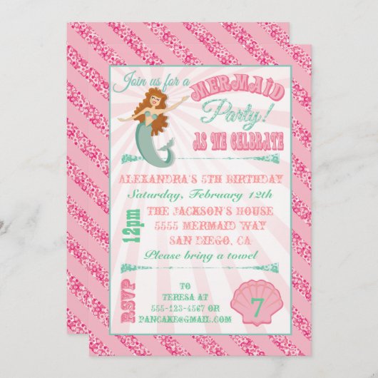 キラキラ輝く人魚の誕生日パーティーの招待 招待状 (正面/裏面)